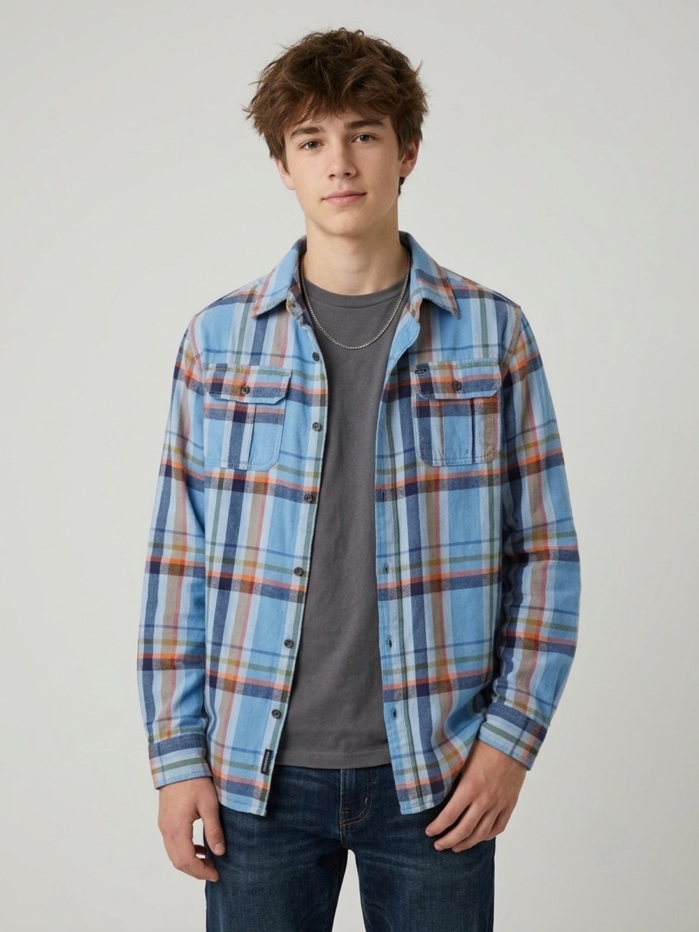 Tommy Hilfiger Boys XL Plaid Flannel Button Up Shirt Lined Shacket Blue Orange
